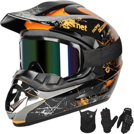 Yesmotor Youth Kids Motocross Helmet Full Face Motorcycle Dirt Bike Off-Road Mountain Bike BMX MX ATV Helmet with(Gloves Goggles Mask) 4Pcs Set - DOT Approved (Orange,M)