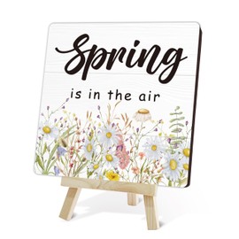 Spring Is In The Air Wood Sign, Spring Decorations For Home, Floral Spring Gifts For Women Friends, Spring Wildflower Shelf Decor With Stand, Easter Flowers Decor For Office Farmhouse -54