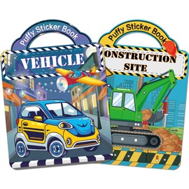 Elfew 2 Pack Puffy Sticker Books for Kids 2-4, Construction Truck and Vehicle Car Stickers for Toddlers Boys, 3D Reusable Stickers Books for Toddlers 1-3, Sticker Activity Books for Boys Party