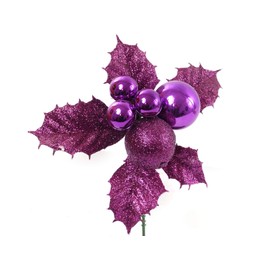 Larksilk Purple Leaf and Glitter Pick with Christmas Balls, Four Solid Christmas Balls, One Large Glittered Christmas Ball, Christmas Tree and Wreath Ornament, Holiday Décor, Purple, 12-Pack