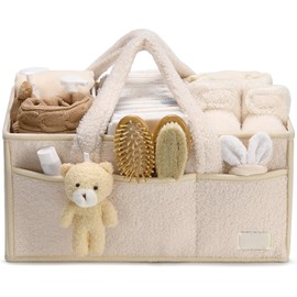 Timotech Organizador de Pañales Bebé con Asa,Cesta Grande de 15x10x7” con Divisiones Removibles,Portátil para Toallitas y Artículos de Recién Nacido, Ideal para Baby Shower (Beige)