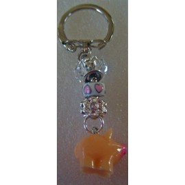 Keychain, Unisex Bling Cute Resin Piggy Dangle Charm _ Removable Three European Charm + GIFT BAG