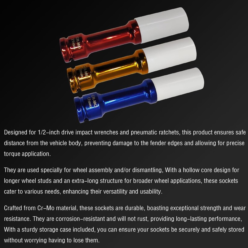 JEUCLEL 3Pcs Lug Nut Socket Set 1/2" Drive Impact Tools,