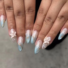 24Pcs Summer Press on Nails Medium Almond Fake Nails with 3D Pearl Lily Flowers Designs Cute Koi False Nails Blue Wave Stick on Nails Gradient Blue Acrylic Nails Summer Flower Glue on Nails for Women
