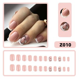 Nude White Press on Nails Fake Nails Short Square Coffin,Aqinmony with Designs False Nails Short Square Coffin, French Tip Full Cover Glue on Nails, Glossy Acrylic Thick Stick on Nails For Women 24Pcs Z010