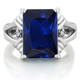 Gem Stone King 10.04 Cttw Blue Created Sapphire and White Topaz Engagement Ring For Women | 925 Sterling Silver | Gemstone September Birthstone | Emerald Cut 14X10MM | Available in Size 5,6,7,8,9