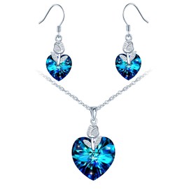 MICSAVI Flower Necklace and Earrings Rose Earrings Heart Necklace Made of 925 Sterling Silver and Crystal Women's Jewellery Set for Women Girls Wife Mother Girlfriend, Stone Sterling Silver stone
