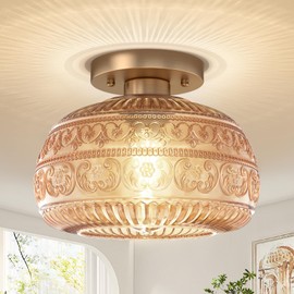 OYKYOHEI Semi Flush Mount Ceiling Light, Upgraded Modern Close to Ceiling Light Fixture with Amber Glass,Gold Indoor Kitchen Lighting for Porch Corridor Hallway Bedroom, Bulb Not Included