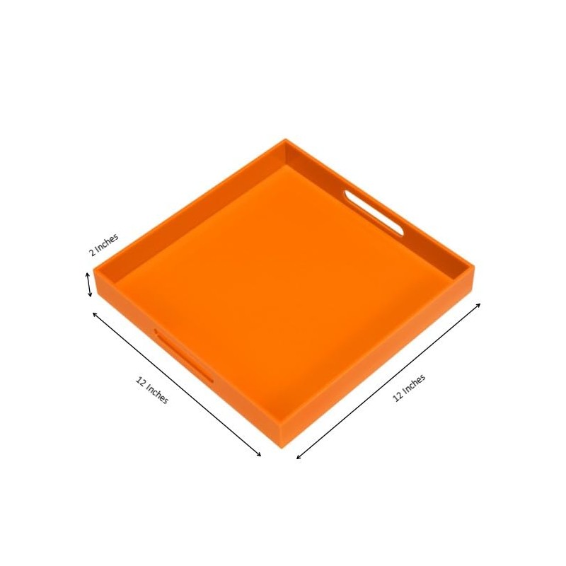 KEVLANG Orange Sturdy Acrylic Serving Tray with Handles-12x12Inch-Serving Coffee,Food,Breakfast,Butler-Kitchen Countertop