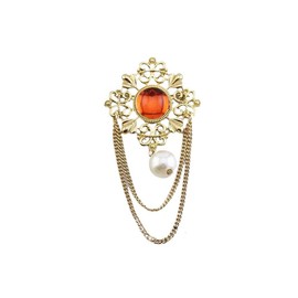 Vintage Pearl & Red Glass Filigree Brooch - Gold Plated Boho Lapel Pin for Women, Elegant Floral Chain Tassel Jewellery Gift for Her, Dainty Dress Accessories for Party Wedding Formal Occasion (Red)