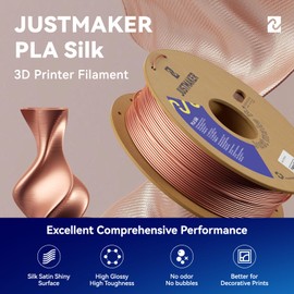 JUSTMAKER PLA Silk 3D Printer Filament, Upgrade Cardboard Spool, Silk Shiny Filament, Dimensional Accuracy +/-0.03mm, 1.75mm, 1kg, Blue