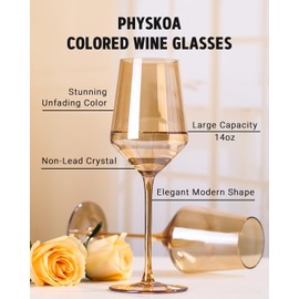 Physkoa Brown/Amber Wine Glasses Set of 6-15oz Hand Blown Crystal Colored Wine Glasses with Long Stem, Wedding, Birthday, Valentines Day Glassware