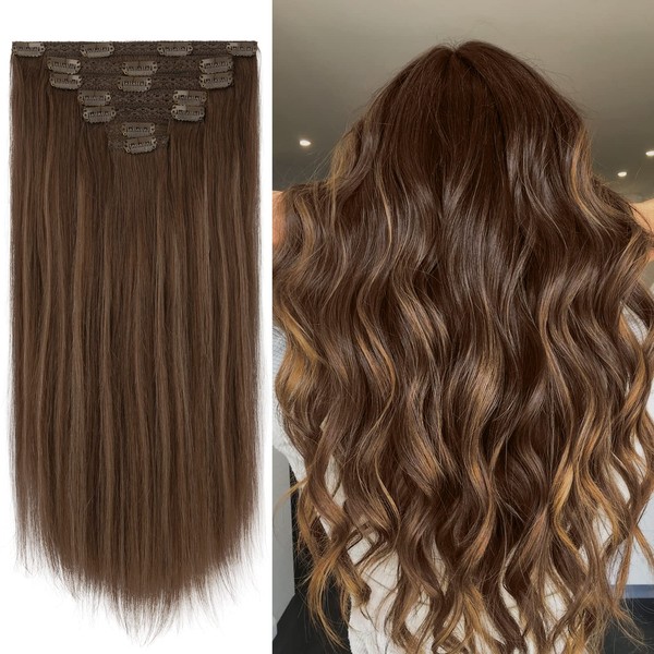 FESHFEN Real Hair Clip-In Extensions, 100% Remy Human Hair Extensions Clips, Hair Extensions, 7-Piece Set, Balayage Chestnut Brown to Caramel Blonde Hairpieces, Real Hair Clips, 55 cm