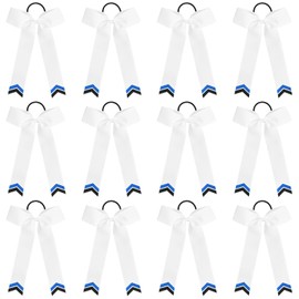 DEEKA 12PCS Collegiate Style Cheer Bows with Glitter Chevrons Tail Skinny College Cheerleader Ponytail Holder for Volleyball Softball Girls (White/Royal Blue/Black)