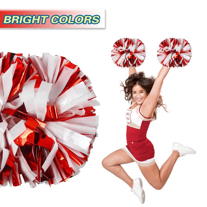 Lovecheer 2PCS Cheerleading Pom Poms Metallic Red and White Plastic
