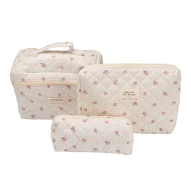 Yallmie 3 Piece Quilted Makeup Bag, Cute Floral Cotton Cosmetic Bag Set, Travel Cosmetic Bags Floral Travel Toiletry Bag Huge Toiletry Case, Women's Skin Care Bag (03)