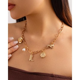 Western Charm Necklace for Women Gold Silver Cowboy Boot Cowgirl Hat Horse Pearl Charm Necklace Trendy Paperclip Choker Western Country Concert Outfit Accessories