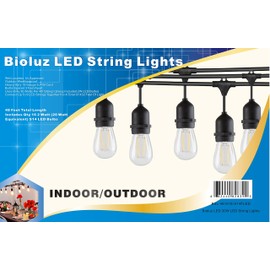 Bioluz LED Outdoor String Lights, 48' LED String Lights for Patio Includes LED Bulbs Weatherproof String Lights 15 Sockets with Vintage LED Bulbs for Porch Deck Bistro Garden Party UL Listed