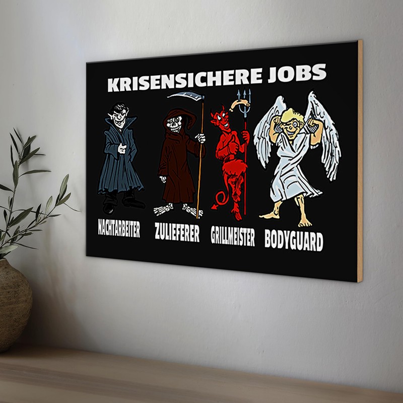 Dekoratives Holzschild 'Krisensichere Jobs' mit Comicfiguren | Humorvolles Geschenk für
