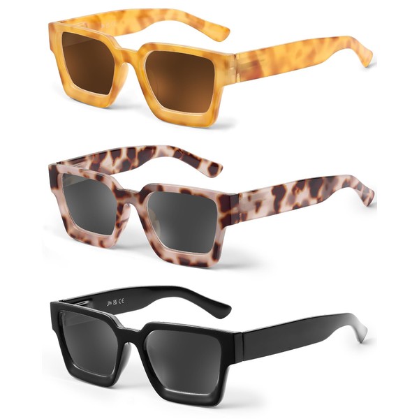 JM 3 Pack Square Reading Sunglasses Fashion Sunglasses for Women