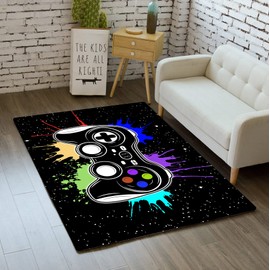 Gamer Area Rugs for Bedroom Boys Cartoon Painting Gamepad Home Carpet for Teens Cool Game Room Decor Black Carpet for Dining Living Room Playroom Floor Mats, 3'x5'