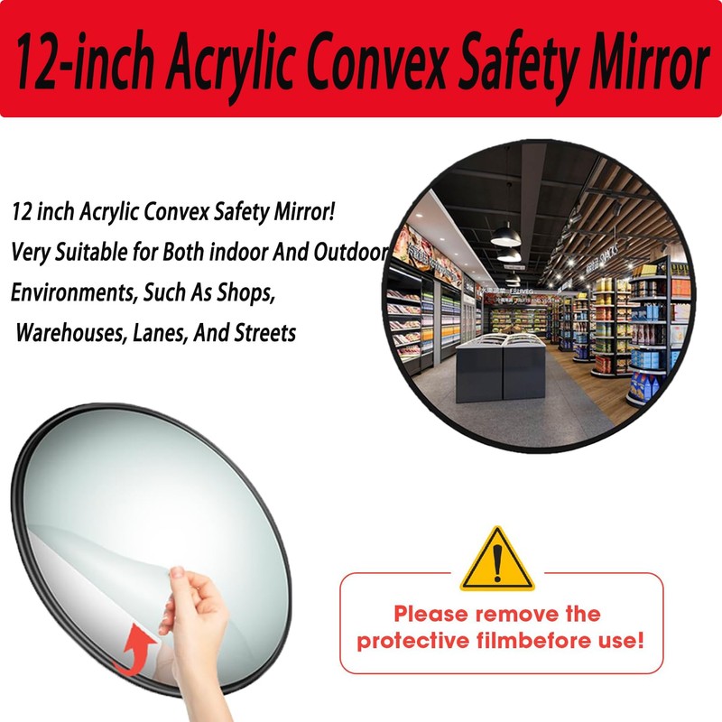 12” Acrylic Indoor Convex Mirror with Plastic Back,Adjustable Wide Angle