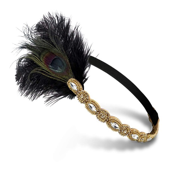 StarDY 1920s Flapper Headbands Great Gatsby Rhinestone Headpiece with Peacock Feather Jewel Hair Accessories (Golden)