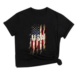 America Flag T-Shirt for Women Red & Blue Flower Shirts July 4th Graphic Tee S