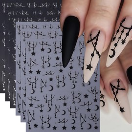 6Sheets Black Silver Line Nail Art Stickers 3D Self-Adhesive Stars Moon Nail Design Decals Y2K Style Nails Supplies Retro Line Moon Star Manicure Accessories for Women Acrylic Nails Salon Decorations
