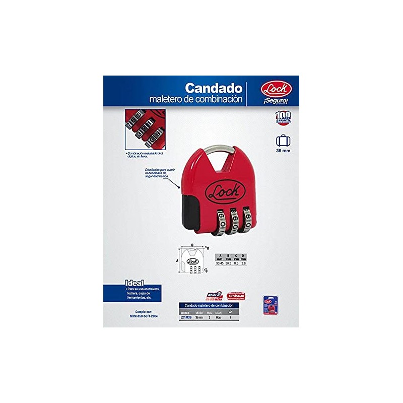 Lock L21M36 Candado de combinación programable para maleta, rojo, 36