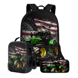Talayituse Tractor American Flag Pattern School Backpack for Teens Girls Boys, 3-in-1 Kids Backpack Bookbag Set School Bags with Lunch Box Pencil Case