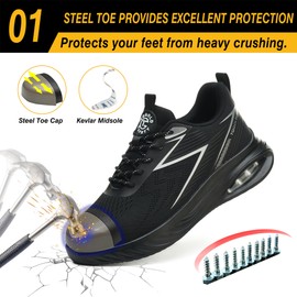 AONETIGER Work Steel Toe Shoes Safety Shoes for Men Lightweight Comfortable Slip Resistant Construction Work Shoes Cushion Indestructible Shoes Black 40