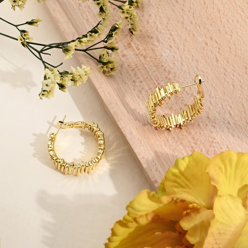 14K Gold Plated Hoop Earrings, Sterling Silver Needle, Lightweight with