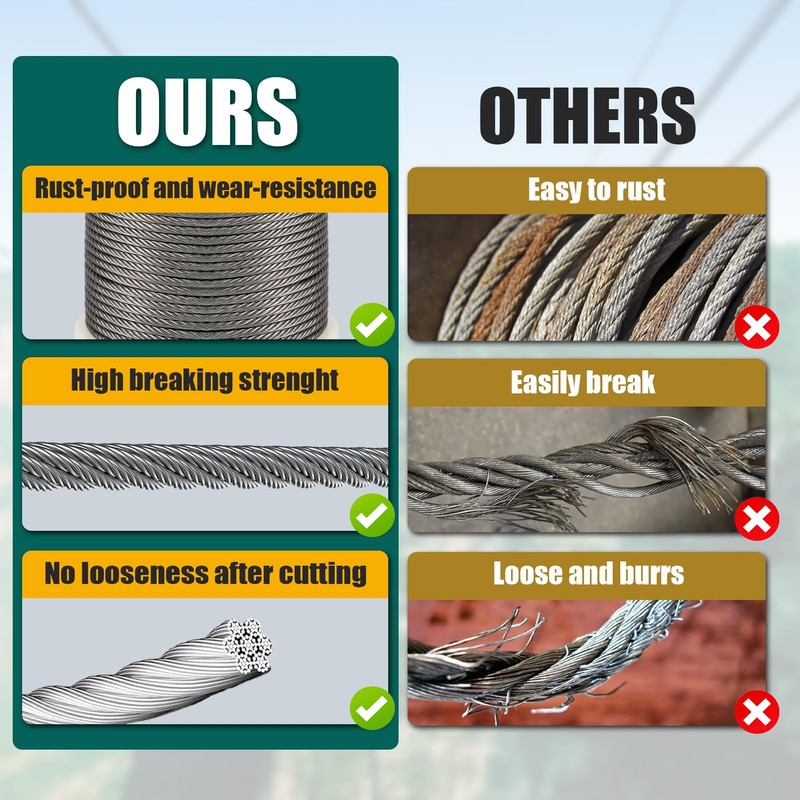 1/4" Stainless Steel Cable, 100FT Wire Rope, 7X19 Strands Aircraft