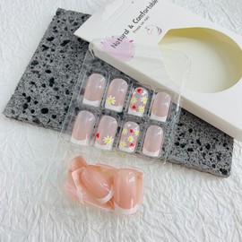 French Tip Press on Nails Medium Square Fake Nails with Designs White Glue ons Fingernails Flower Acrylic Nails Love Heart Artificial Nails Glossy Full Cover Stick on Nails for Women 24Pcs