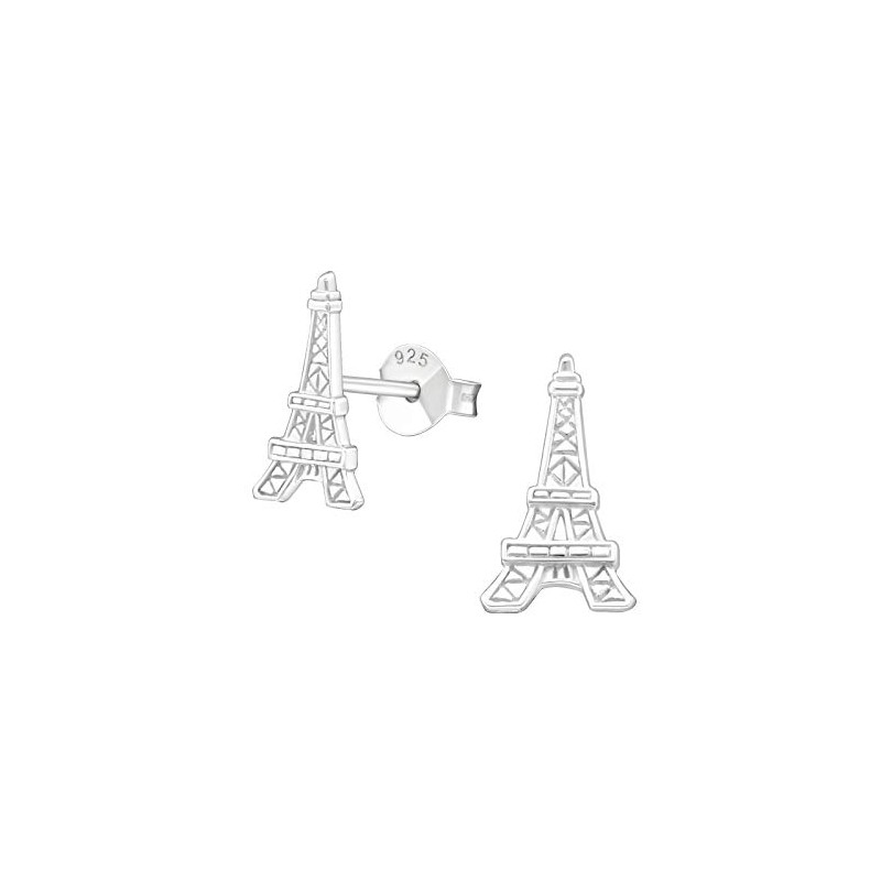 Sterling Silver Paris Eiffel Tower Engraved Stud Earrings - Size: