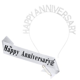 YARIEW Happy Anniversary Headband and Sash Set for Women and Girls, Rhinestone Headband and Silver Sash for Happy Anniversary Decorations Gifts for Women