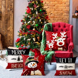 APRPOPHIC Christmas Cushion Cover, 4-Piece Set of Cartoon Christmas Reindeer Snowman Cushion Cover, Winter Holiday Cushion Cover, Christmas Decoration for Home, 18 x 18 Inches