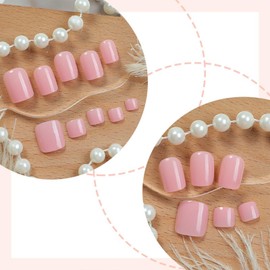 48Pcs Pink Press on Finger Toenails Set Short Square Fake Toe Nails Pure Color Glossy Nails Press on Full Cover False Nails Reusable Glue on Toenails for Women Girls Manicure Decorations