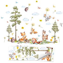 HEKOBAG Large Forest Animals Tree Wall Decals, Woodland, Elephant, Fox, Deer, Raccoon, Hedgehog - Peel and Stick Wall Art Decals Wall Decor for Kids Room Baby Nursery Bedroom