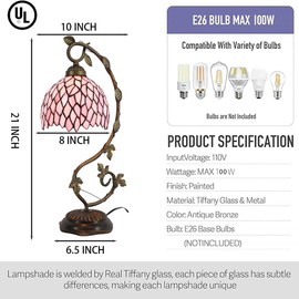 LXHCYOU Tiffany Table Lamp, Stained Glass Desk Light, 8X10X21 Inches, Metal Leaf Base (Pink Wisteria)
