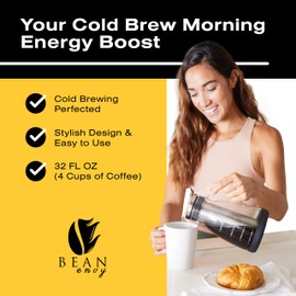 Bean Envy Cold Brew Coffee Maker - 32 oz Glass Coffee Cold Brew Maker and Pitcher w/Silicone Cap & Base