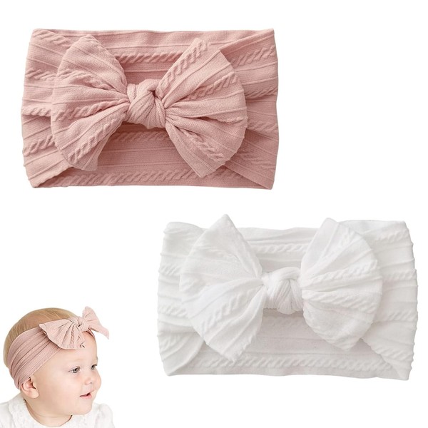 Baby Girl Headband 2 Pieces Headband Baby Girl (Pink and White), Elastic Hair Bands for Newborns, Toddlers, Baby Bow Headband, Soft Bow Headpiece
