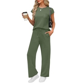 WIHOLL Two Piece Sets for Women Summer Vacation Outfits Petite Lounge Sets Travel Airport Outfits Business Casual Cozy Matching Sets Women's Clothing 2025 Fashion Wide Leg Pants Sets Green M