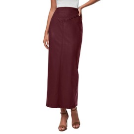 PRETTYGARDEN Long Skirts for Women 2025 Fall Fashion Clothing Faux Leather High Waist Dressy Casual Slit Pencil Maxi Skirt (Burgundy,Large)