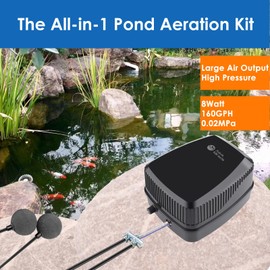 AquaMiracle All-in-One Koi Pond Aerator for Outdoor Ponds up to 1500 Gallons, Pond Air Pump Pond Aeration System with 2-Outlet Manifold Airline Tubing Air Stones Check Valves