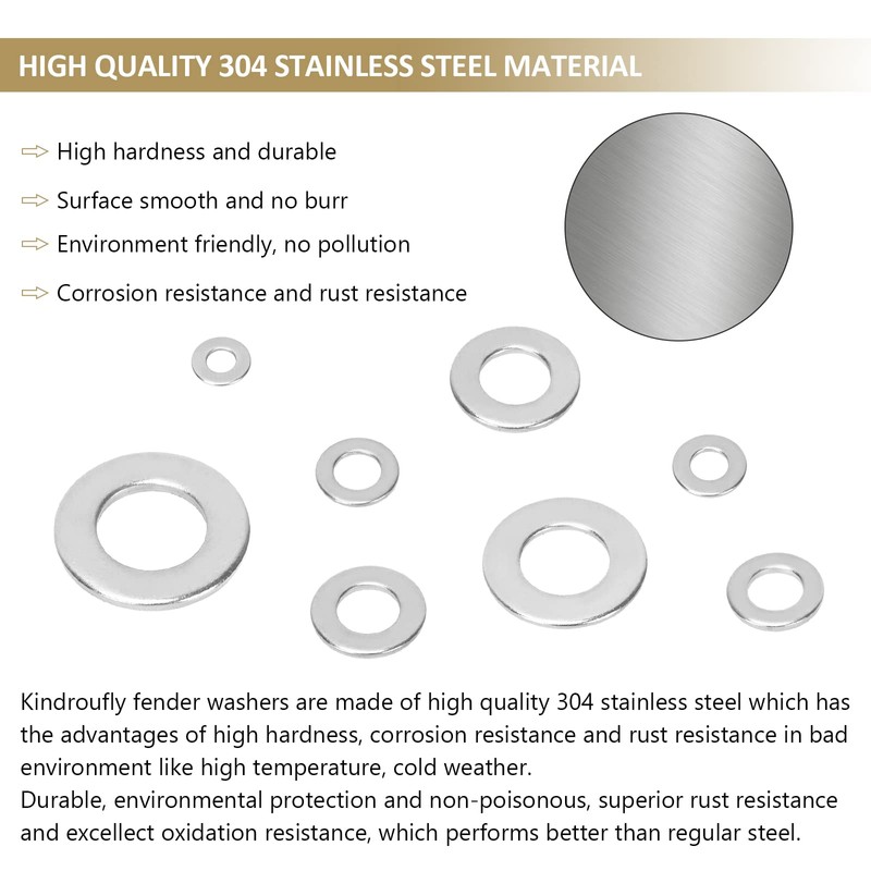 Kindroufly 7 Sizes Stainless Steel Washers Assortment Kit - 800