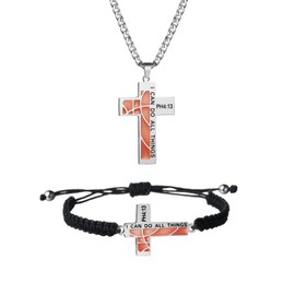 EZBOHO 2Pcs Basketball Cross Necklace I CAN DO ALL THINGS Stainless Steel Basketball Bracelet Inspirational Sports Necklace for Men Women Football Gifts(Silver)