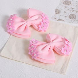 Pink Flower Hair Bows Alligator Clips for Girls 4" Pearl Grosgrain Ribbon Hair Bow Barrettes for Kids Teen Toddler Women Wedding School Floral Dress Decor Accessory Gift of 2