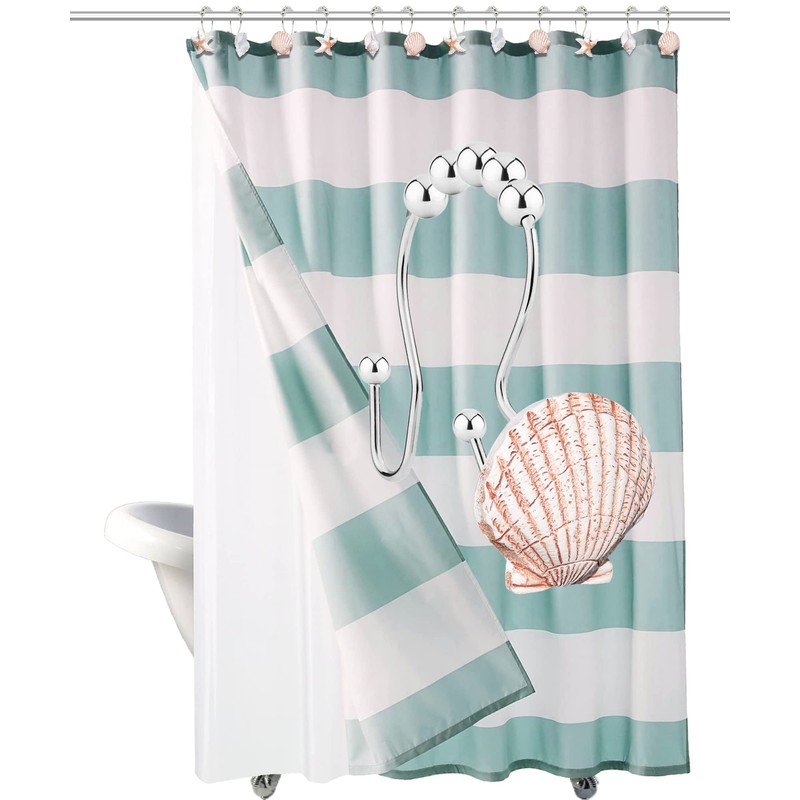 Shower Curtain Hooks Rings, 12PCS Anti Rust Seashell Decorative Double
